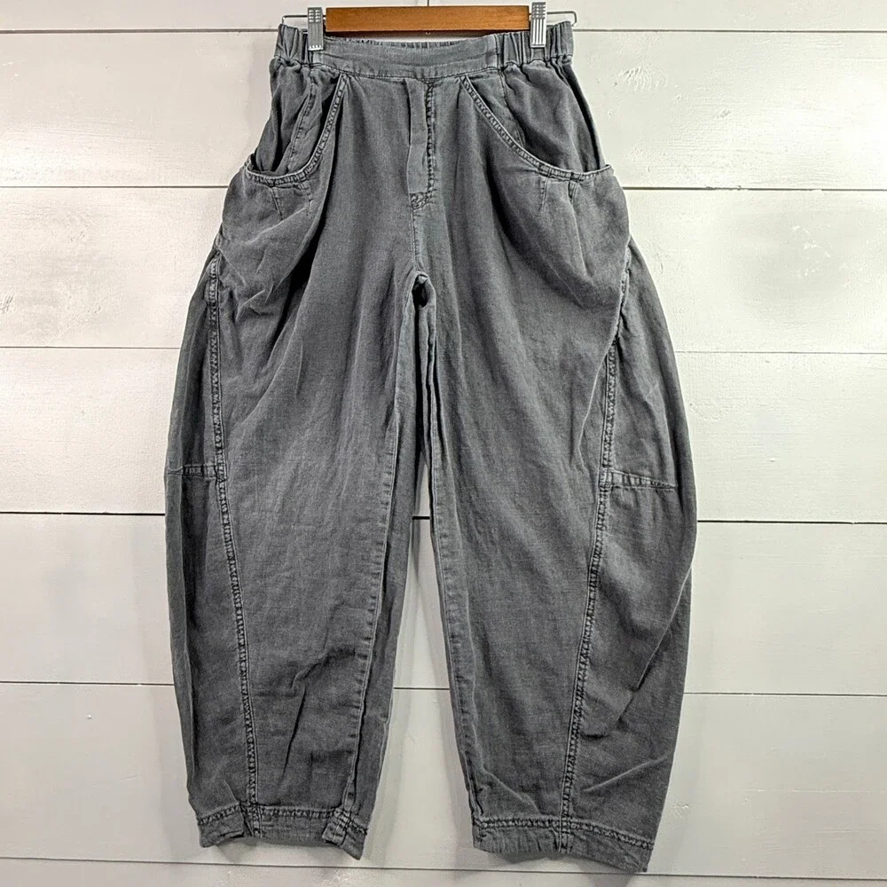 Free People High Road Barrel Pants Womens XS Charcoal Gray Linen Blend Boho